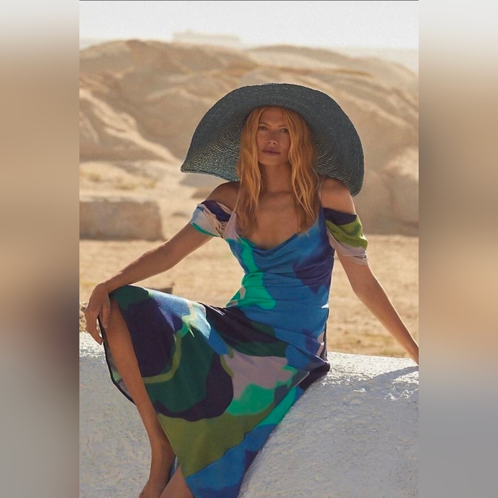 Anthropologie Bl-nk Painterly Off-Shoulder Slip Midi Dress